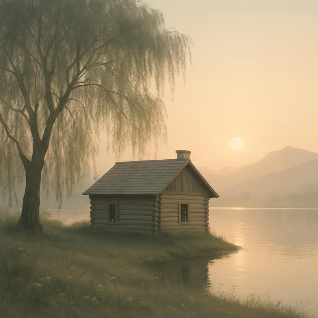 A small cabin, large willow tree, full moon at sunrise over calm lake.