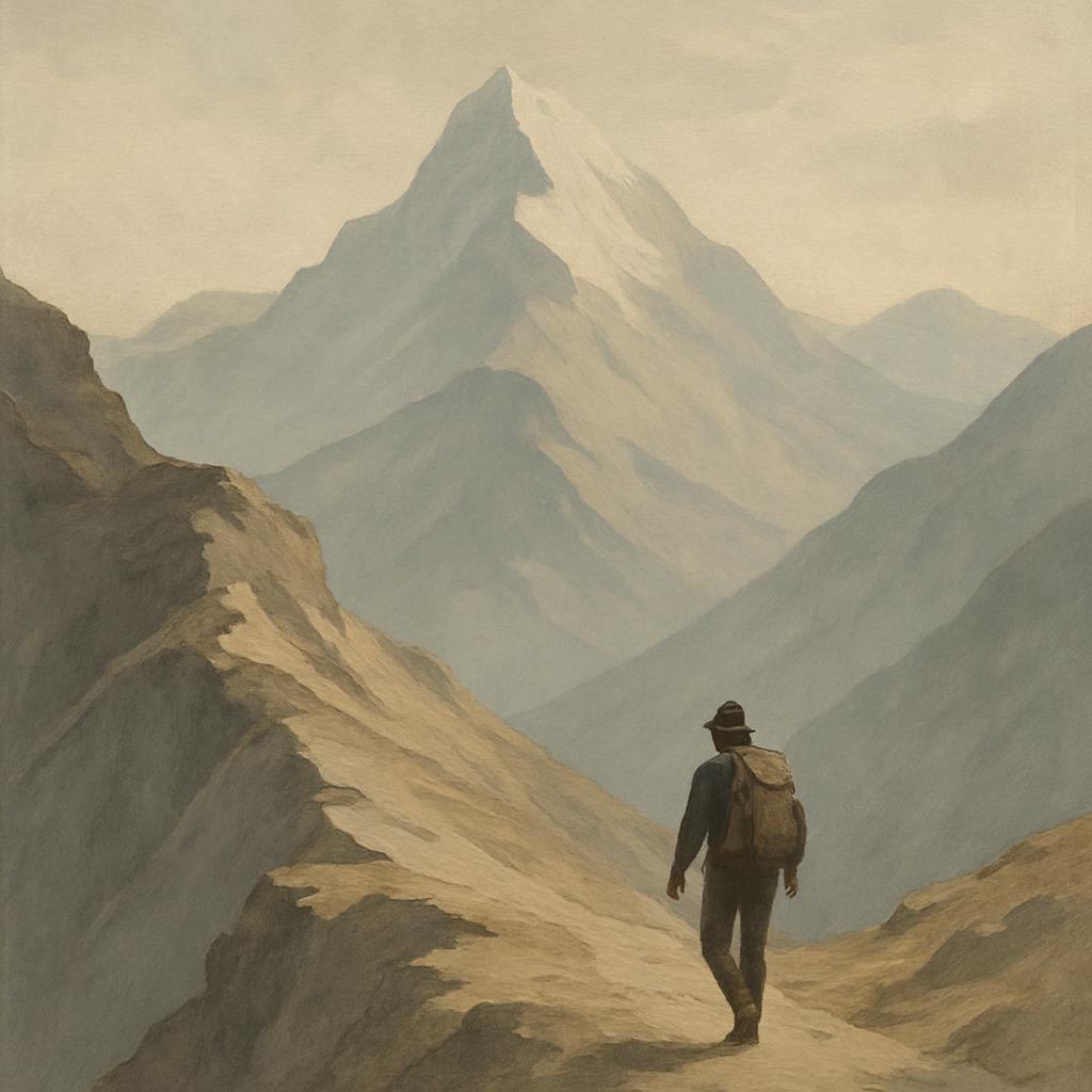 A man walking towards a large, snow-capped mountain. The mountain is in the background and the man is in the foreground.