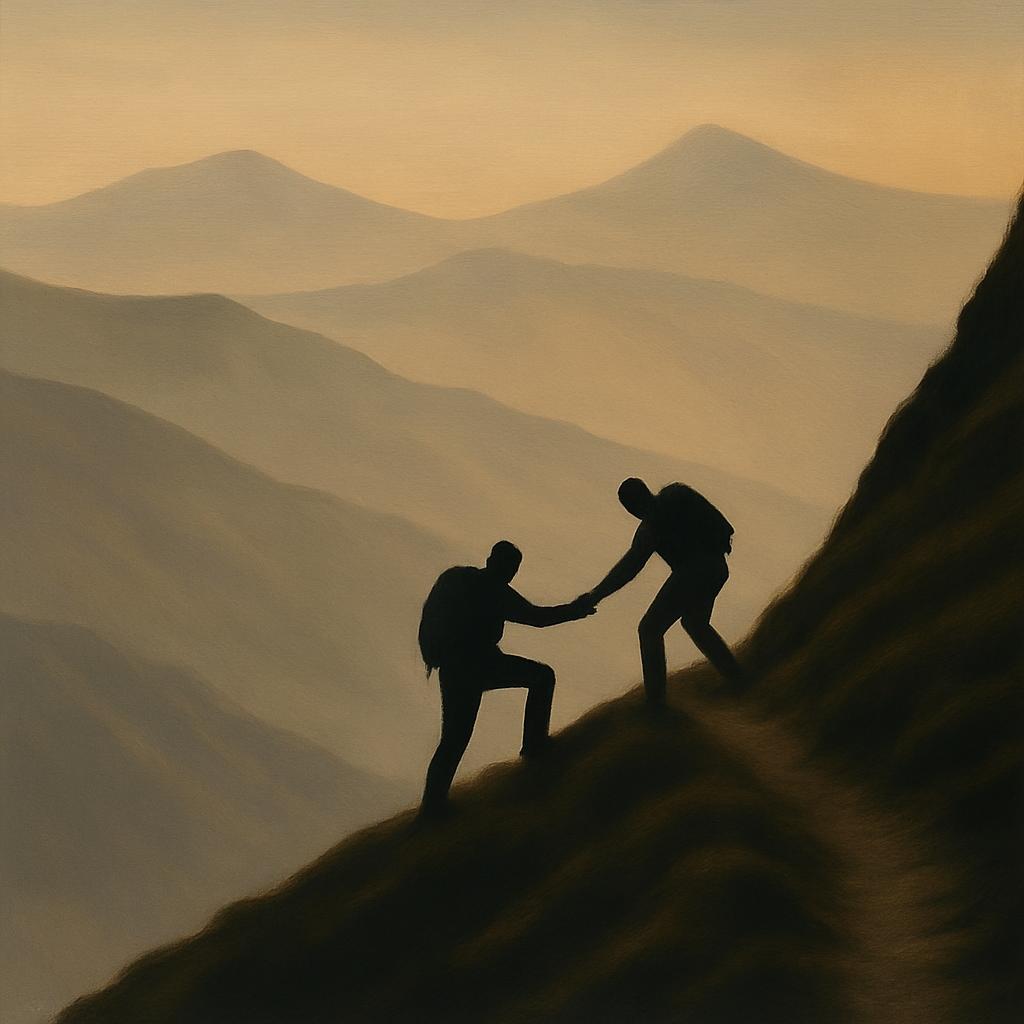 Two men climbing a mountain side, extended hand for support. Abstract art.